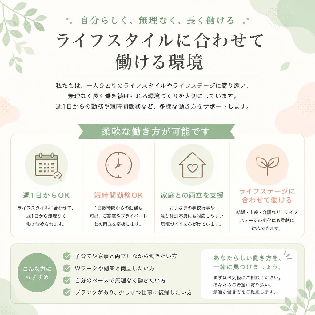 柔軟な勤務形態・ライフスタイルに合わせて